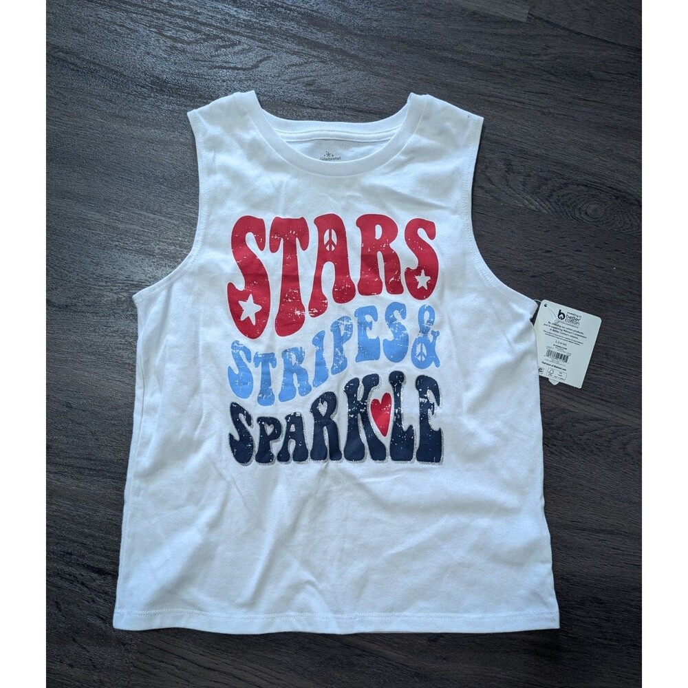 4th Of July Independence Day Sleeveless Stars Stripes Sparkle Crop Top Tee Large